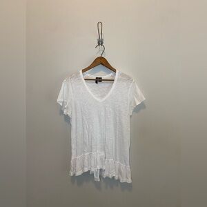 Casual V-Neck Ruffle Hem Tee - White